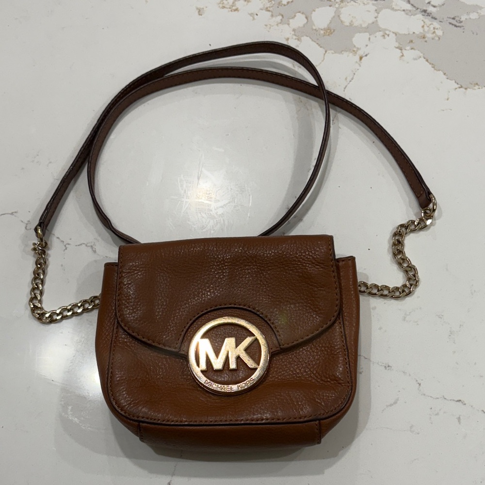 Michael Kors Tan Leather Crossbody Bag with Gold Accents. Used!